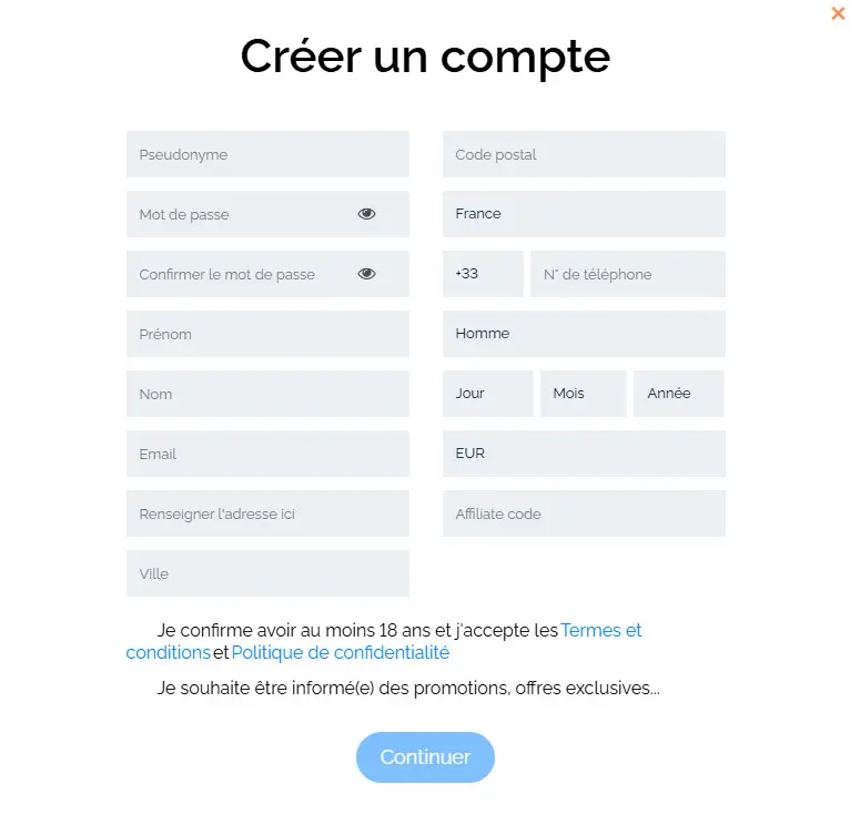 Processus d'inscription WIN HERO CASINO